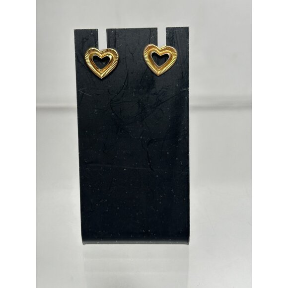 Gold-Tone Heart-Shaped Stud Earrings Textured Detailing Womens Fashion Jewelry - Picture 2 of 5